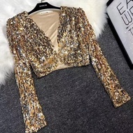 Trendy Glamorous Gold Sequined Long Sleeve Crop Jacket for Women Classy Clothes