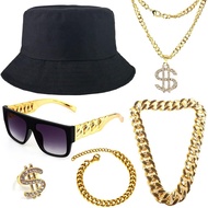 Gionforsy Hip Hop Costume Kit 80s 90s Rapper Accessories Bucket Hat Sunglasses Gold Chain Bracelet R