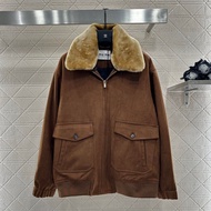 DR2A MM New Women's Clothing Vintage Workwear Style Caramel Brown Suede Feel Wool Collar Jacket Coat