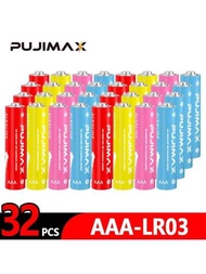 Batería alcalina AAA 1.5V colorida PUJIMAX 8/16/32piezas, adecuada para control remoto, alarma, timbre, cocina de gas, llaves de coche, gamepad, linterna, de alto rendimiento, duradera y de larga duración [Batería no recargable, no cargar para utilizar]