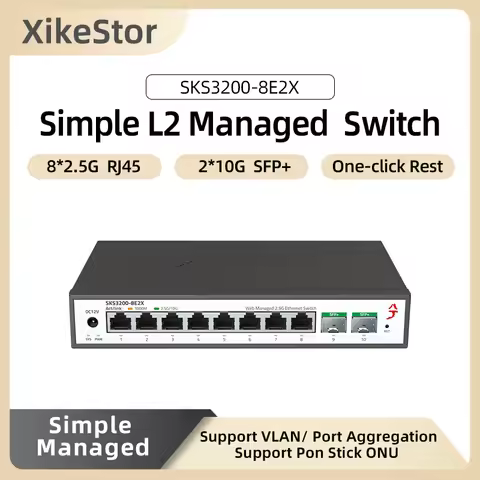 XikeStor Simple L2 Manage 8-Port 2.5G RJ45 2-Port 10G SFP+ Support VLAN Port Aggregation