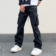 Black Cargo Pants Men Hip Hop Plus Size Casual Straight Cut Slim Fit Tactical Long Kargo Seluar Kerj