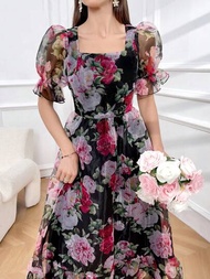 SHEIN Modely Mujeres Verano Vestido Largo Elegante de Manga Burbuja con Escote Cuadrado e Impresión Floral