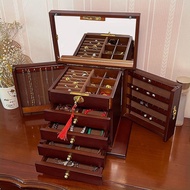 Locked Jewelry Storage Box Solid Wooden Retro Exquisite Hand Mirror Dressing Wedding Gift JJ