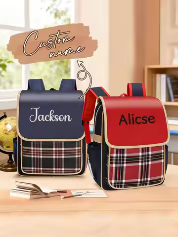 Backpack Custom Embroidery Name Kids School Backpack Plaid Children Bag Boys Girls Student Bookbag A