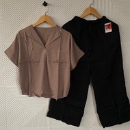 Disa Set Katun Rayon / Setelan Celana Panjang Wanita / One Set Vneck Polos Tangan Pendek wanita