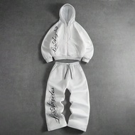 Men's Autumn/Winter Hooded Sweatshirt Sweatsuit Set, Colorblock Big Line Letter Print, Loose Fit, Co