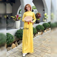 Áo dài tết gấm cao cấp màu vàng vân hoa trà nhí truyền thống công sở giáo viên may sẵn