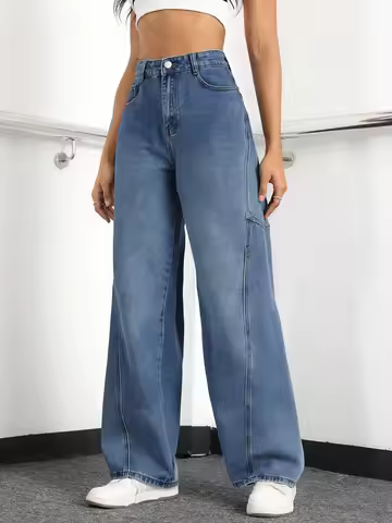 Women's High - Waisted Wide Leg Cargo Jeans | Baggy Denim Workwear Pants