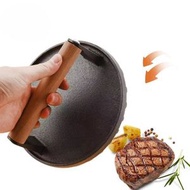鬼佬倉 - 鑄鐵圓形壓肉板壓榨機 重型木柄 適用煎鍋三明治不沾鍋 煎烤牛排鐵板燒