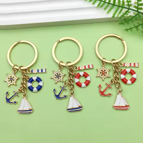 1pc Enamel Nautical Theme Keychain, Alloy Sail, Lighthouse, Anchor, Lifebuoy Design Key Ring, For Ca