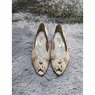 Beige Woven Peep Toe Low Heels