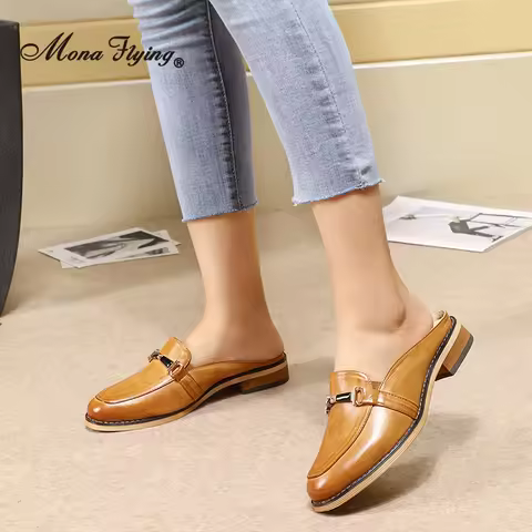 Mona Flying Women Genuine Leather Mules Closed Toe Sandals Slippers Fashion Comfort Soft Casual Summ