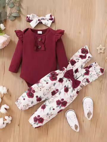 Winter Newborn Infant Baby 0-12M Girls Cotton Long Sleeves Headband Rabbit Print Pants Fashion Baby 