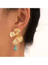2 ชิ้นสไตล์วินเทจดอกไม้สีเขียว Turquoise Dangle ต่างหูยุโรปและอเมริกา Elegant, เหมาะสำหรับผู้หญิงสวม