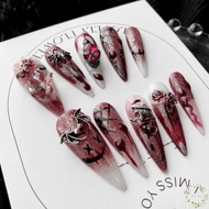 [HANDMADE] Wine Red False Nails with Blood Printed Ultra-flexible Long Lasting Fake Nails