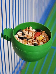 1入組圓形鳥類餵食盒,附塑料水碗,通用鐵絲籠鳥飼料器,綠色