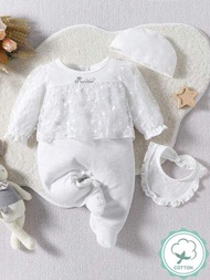 SHEIN 純白色嬰兒女孩可愛長袖連體褲,配有白色蕾絲邊飾和帽子和口罩,家庭服裝套裝