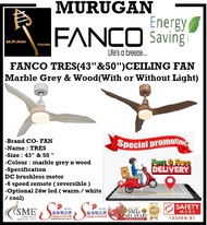FANCO TRES(43INCHES &amp; 50INCHES , MARBLE GREY &amp; WOOD) CEILING FAN WITH DC brushless motor,  6 speed remote ( reversible ) And   Optional 24w led ( warm / white / cool) / FREE EXPRESS DELIVERY