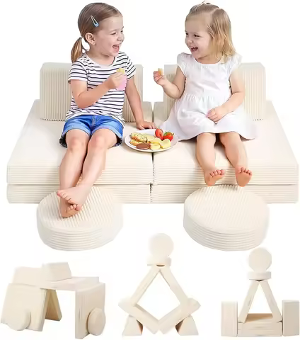Kids Couch, 8-Piece Modular Play Sofa, Beige Corduroy Foam Fort | 8-piece modular kids couch for for