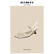 Zuo Yi ผ้าไหม ผ้าซาติน รองเท้าแตะแฟชั่นส้นแมว สายเดี่ยว รองเท้าส้นสูงผู้หญิง ดีไซน์ ฤดูร้อน เปิดนิ้ว