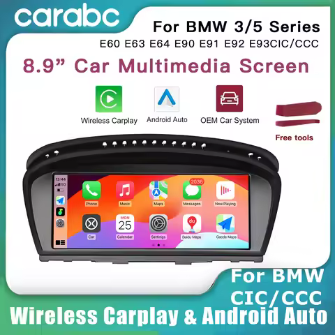 CARABC Wireless Carplay Android Auto 8.9-calowa nawigacja samochodowa dla BMW 3 5 Series E60/E63/E64