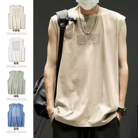 Men's Sleeveless Printing Loose Trend T Shirts Summer New O-Neck Solid Simplicity Youth Tops Tees Vi