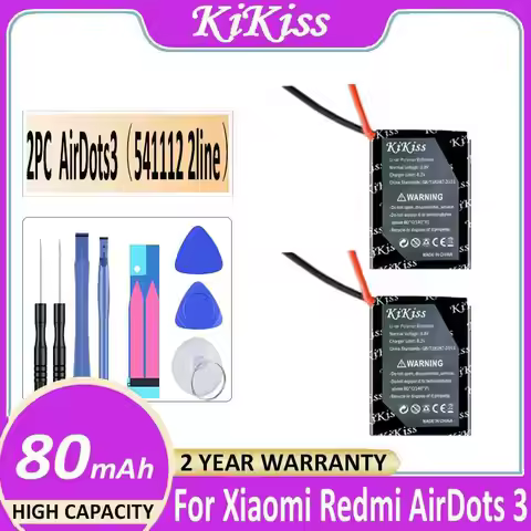 80Mah For Xiaomi Redmi Airdots 3 Airdots3 Earphone Battery 2PC 541112 2Line Safe