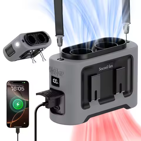 Socool 14500mAh Portable Waist Fan Dual Airflow Outlet Turbo Motors with Four Clips Emergency Flashl
