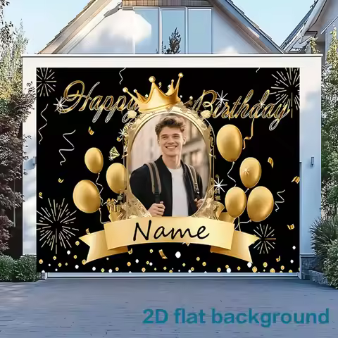 Party Banner 1pc Personalized Customization of Photos and Name Text, Black Golden Theme,for Family P