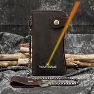 Men's Vintage Crazy Horse Leather Chain Wallet Genuine Leather Bifold Long Wallet Snap Card Holder Purse Zipper Coin Rfid Pocket SarahMi