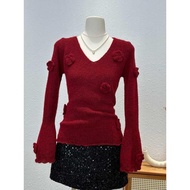 Hanie V-Neck Paper Sweater with Cute Embossed Floral Pattern H376