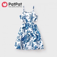 PatPat Mommy and Me Dresses Blue Leaf Print Cut out waist Smocked Back Halter/ Strap Dress for Hawai