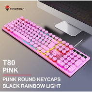 FIREWOLF T80 Wired USB Keyboard Glow GAMING KEYBOARD Light-emitting punk retro round keycap