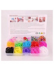 1入組彩虹手編橡皮筋套裝,供兒童diy彩色編織手環使用,附15個格子盒