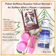 COD Paket Softlens Russian Velvet Dm 14,5mm Normal + Air Softlens Pure n Soft 60ml + Pinset + Lensca