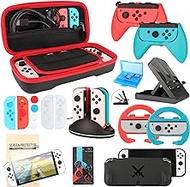 Accessories Bundle for Nintendo Switch OLED: Switch OLED Storage Case, Screen Protector, Steering Wheels, Joycon Grips, Charging Dock, Playstand, Joy-Con Cover, Protective case and More (23 in 1)