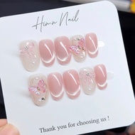 Nailbox design H089 cat's eye pink rhinestone short nails painted with mirror finish and lady's char
