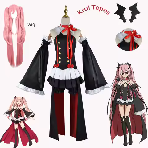 Halloween Krul Tepes Cosplay Outfit Seraph of the End Vampire Queen Black Red Dress with Wig Horn Co