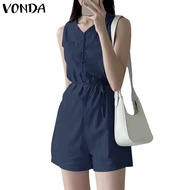 VONDA Women Korean Casual V-Neck Sleeveless Pockets Waist Solid Color Jumpsuit