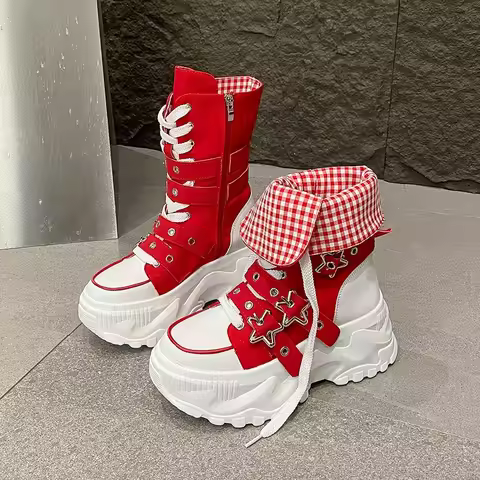 Single Boots Autumn New Round Toe Front Lace-Up Platform Non-Slip Mid-Tubular Boots Size Up To 42