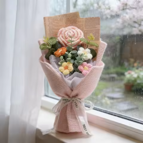 Artificial Flower Crochet Bouquet Handmade Anniversary Sunflower Daisy Bouquet Mothers Day Birthday 