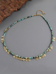 1ชิ้น สไตล์ฝรั่งเศสรอบจี้ วินเทจ สีเขียวแอฟริกัน Turquoise Handmade สร้อยคอลูกปัด, เหมาะสำหรับผู้หญิ