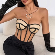 H45 - Chic slaygirl cream corset tube top with black mesh border and drawstring at the back for goin