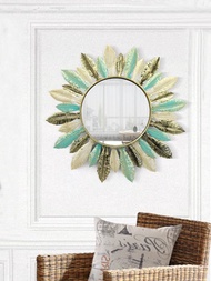 1入組鐵藝羽毛鏡子牆壁裝飾波西米亞化妝鏡圓形掛鏡,適用於酒店臥室客廳浴室餐廳