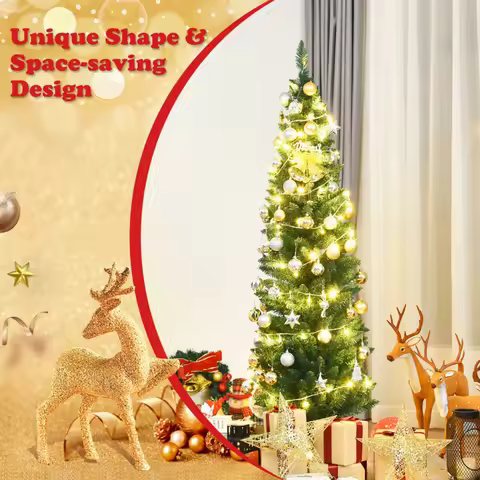 5/6/7/8/9ft PVC Artificial Slim Pencil National Christmas Tree with Metal Stand for Living Room 6