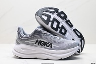 HOKA W BONDI 9ผ้าระบายอากาศน้ำหนักเบารองเท้าวิ่งกีฬากันกระแทกหนาพิเศษสีเทาแบบเดียวกับผู้ชายและผู้หญิ