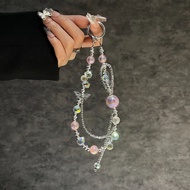 Luxury alloy butterfly crystal beaded phone chain ins-style Heidi beads short lanyard keychain bag p