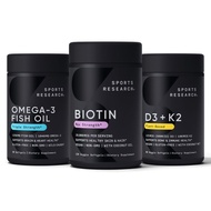 Sports Research Vegan Biotin 10,000 mcg 120 Softgels, Triple Strength Omega 3 Fish Oil 1250 mg (90 c