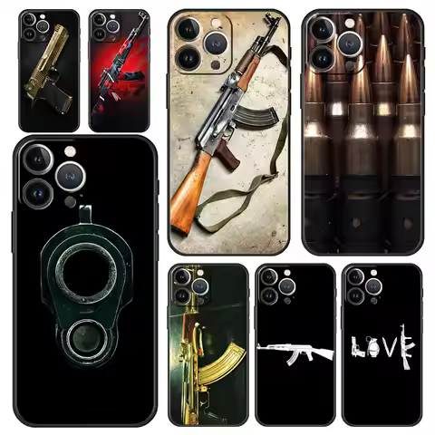 Luxury Phone Case For iPhone 15 14 11 Pro Max 13 12 XS X XR SE3 7 8 Plus AK47 Handgun Gun BUllets Co